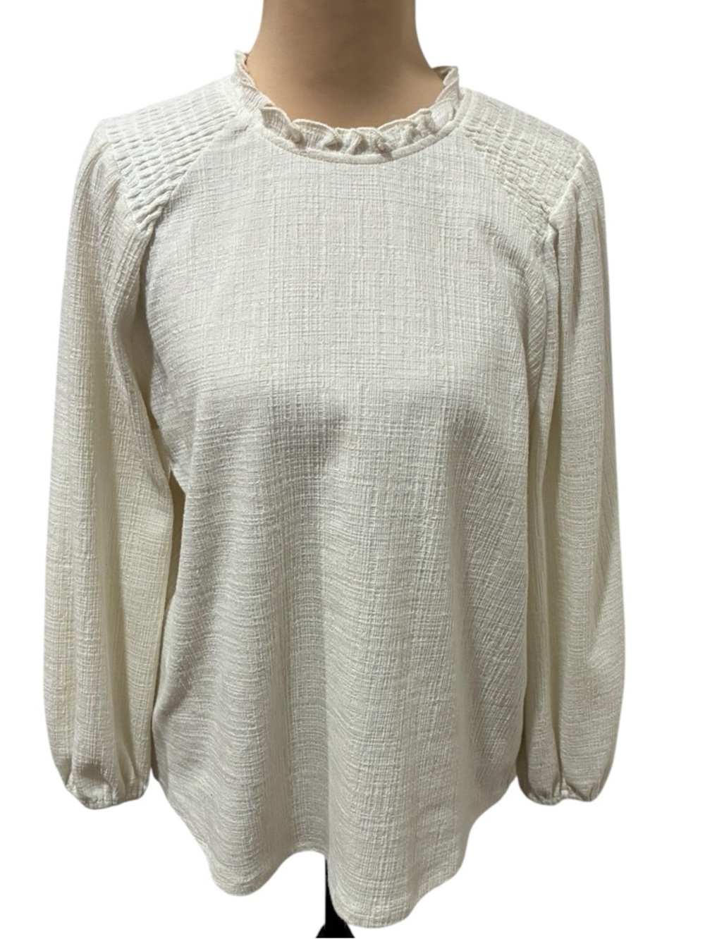 Anthropologie Current Air Cream Ruffle-Neck Textured Blouse - Picture 1 of 6